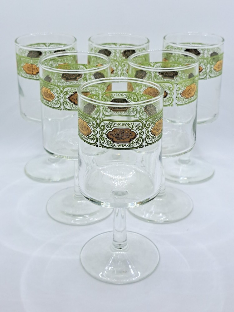 Vintage MCM Green and Gold Filigree Lace Stemmed Glassware Drinkware – Set of 6