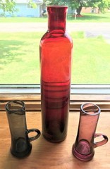 Vintage Hand Blown Glass Bottle & Two Tall Shot Tea Glasses Handles Rare Unusual