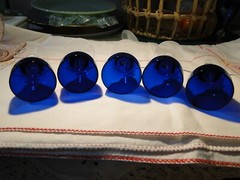 5 Morgantown Ritz Blue Golf Ball Old English Cordials, Exc. Cond. 4″ Tall