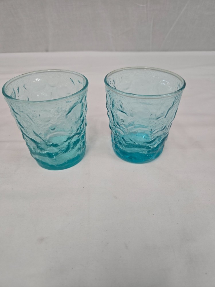 Vtg MCM Anchor Hocking “Milano” Blue Low Ball Rocks Glasses. Set Of 2 – 7oz.