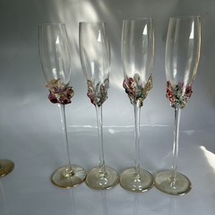 Set Of 8 Signed Hand Blown Ion Tamaian Art Glass Champagne Flutes Pink