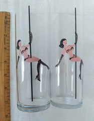 Set 4 MCM Libbey Risque Highball Glasses Tiny Pole Dancers 2 Gals 2 Guys Rare