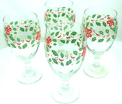 4 Christmas Red Bow Holly Stars 16oz Pedestal Glasses Glassware Beverage Libbey