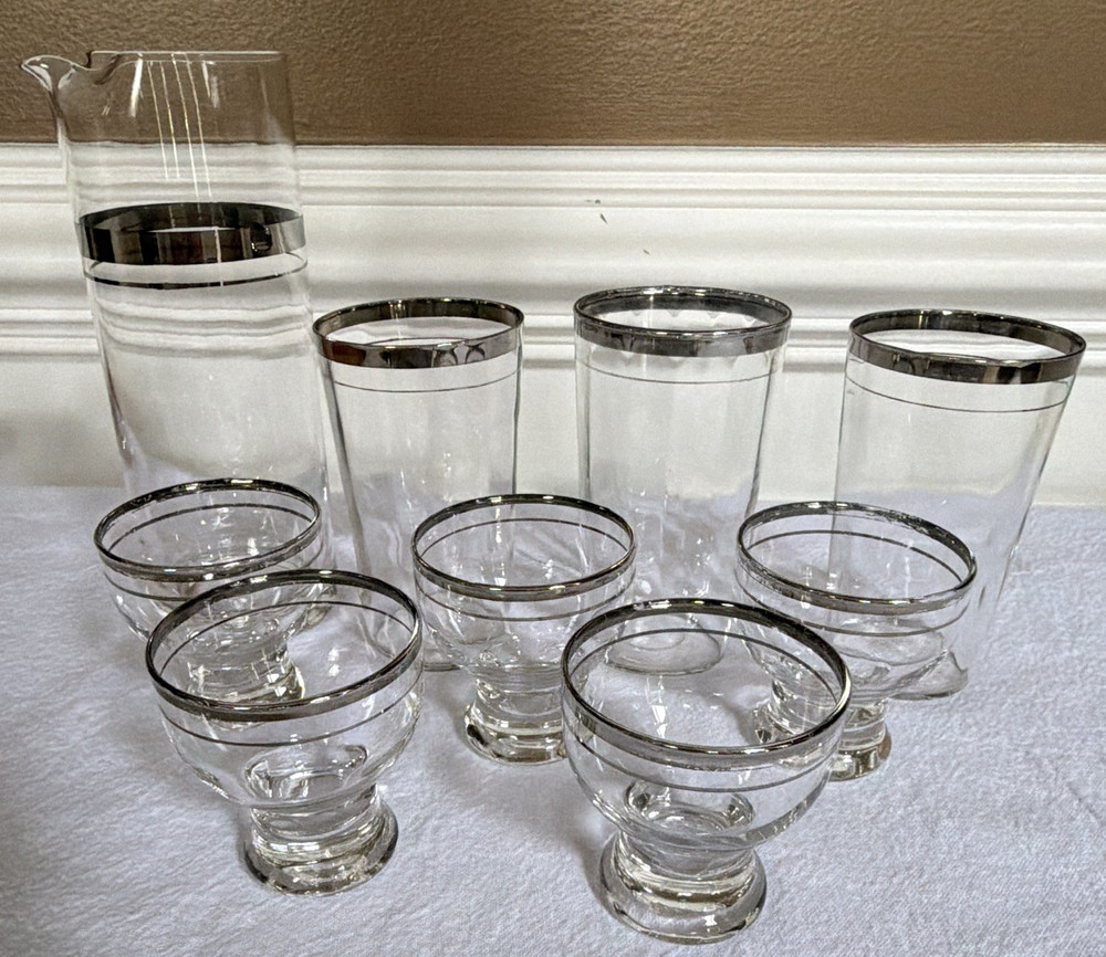 MCM Glass Silver Rim 9-piece Bar Drinkware Set Pitcher Highball & Footed Cups