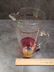 Cranberry Red Gold Stripe Pitcher 5 Glasses Shot Cordials