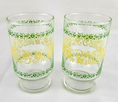 Retro Set of 2 Juice Glass Tumblers Yellow and Green 4″ Floral Scrolls Leaves