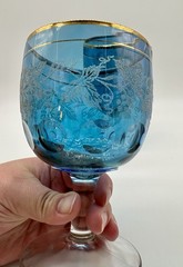 2 Vintage Bartlett Collins Vining Blue Glass Goblets Thumb Print Gold Trim