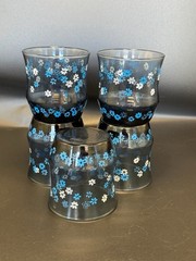 Set of 5 Vintage 1970s Libbey Blue Daisy Strawflower Glass Tumblers Juice Glass