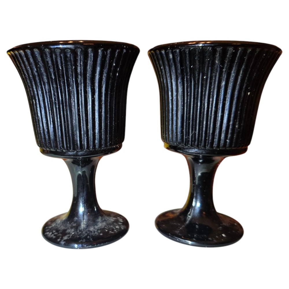 2 Vtg MCM Black Amethyst Ribbed Candle Holders or Wine Goblets Pedestal Purple