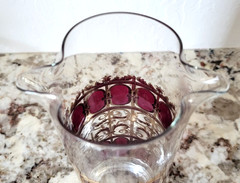 VTG 1960s Culver Cranberry Scroll 22K Pitcher Stirrer 6 Lowball Glasses w/Caddy