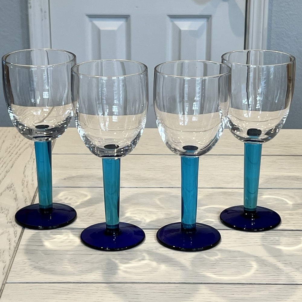4 Vtg Teal Cobalt Blue Thick Stem Clear Bowl Blown Glass Wine Water Goblet Glass