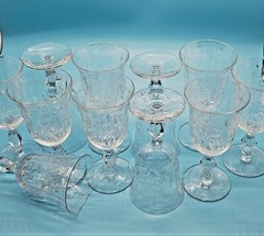Buckingham Rock Crystal Barware Glasses 5″ Etched/Gold Trim (11) Brandy, Sherry,