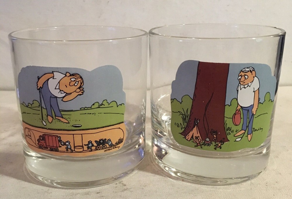 Vintage Ashby Whiskey Glass Set Comical Golf Cartoon Lowball Tumblers Lot of 2