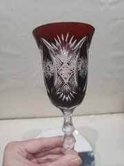 1 Wine goblet Glass, Dark Ruby Red Cut to clear Crystal brilliant HobStar foot