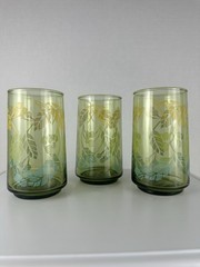 Libbey Green Drinking Glass Tumbler Leaf Jungle Foliage Yellow Blue Print VTG 3