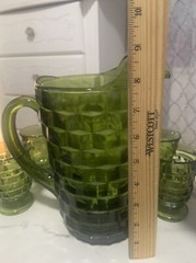 Vintage Indiana Whitehall Avocado Green Cubist Set Pitcher and 5 Glasses