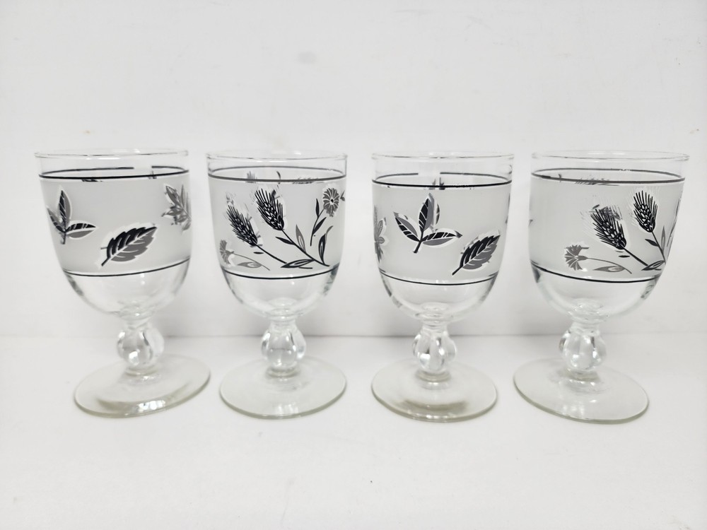 Set 4 Libbey Silver 2 Wheat Leaf & 2 Foliage Glasses Goblets Frosted Vintage
