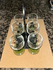 6 Vtg Green Bee Hive Wine Drinking Glasses W/Metal Carrier Germany 100ML