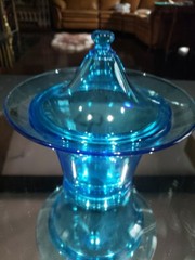 Flared Bowl CANDY DISH & LID 6″ Turquoise Aqua Blue Peacock Glass vtg UV Glow