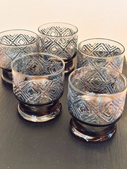 Vintage 1970s Smoked Glass Diamond Pattern Lowball Rocks Glasses – Set of 5