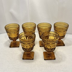 6 Vtg Indiana Glass Amber Colony Parklane Goblets Square Base Footed 5.5″ MCM