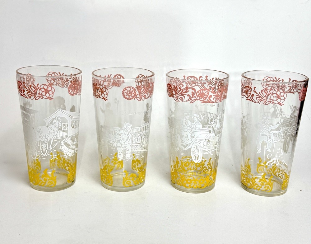 Vintage Hazel Atlas Americana Series Set of 4 5.75” Tumblers Horseless Carriage