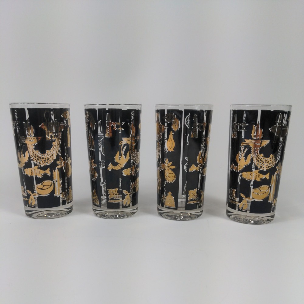 4 Vintage Glastonbury-Lotus Bon Apetite in Black & Gold Trim Drinking Glasses