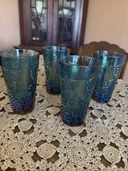 Indiana Glass Iridescent Blue Carnival Harvest Grape Tumblers Vintage Set Of 4