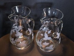 Large Clear Glass Pitchers with Etched Floral Pattern (Set of 2)