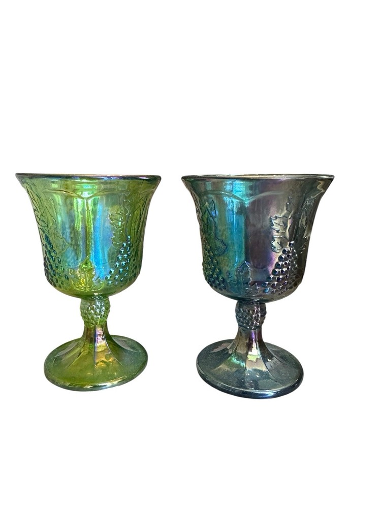 Vintage Harvest Grape Carnival Glass Goblets – Blue and Green Iridescent