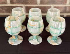 Vintage Set of 6 Green Banded Onyx Stone Goblets Marble Wine Glasses Hand Carved