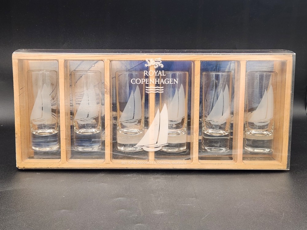 Royal Copenhagen 1994 Cordial Schooner Shooter Glasses Set Of 6 Wooden Crate EUC