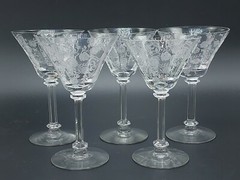 5 TIFFEN TOURAINE ROSE ETCHED PEDESTAL COCKTAIL GLASSES 5.5″ TALL 3.5″ WIDE