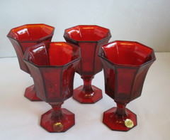 S/4 Independence Glass Octagonal Ruby Amberina Wine/Water Goblets 5 5/8″ JAPAN