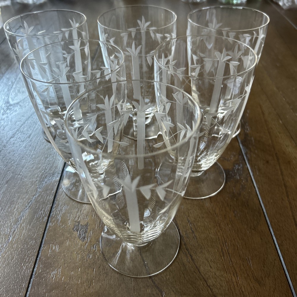 VTG SET (6) ETCHED CRYSTAL BAMBOO & LEAVES BLOWN GLASS ICED TEA / WATER TUMBLERS