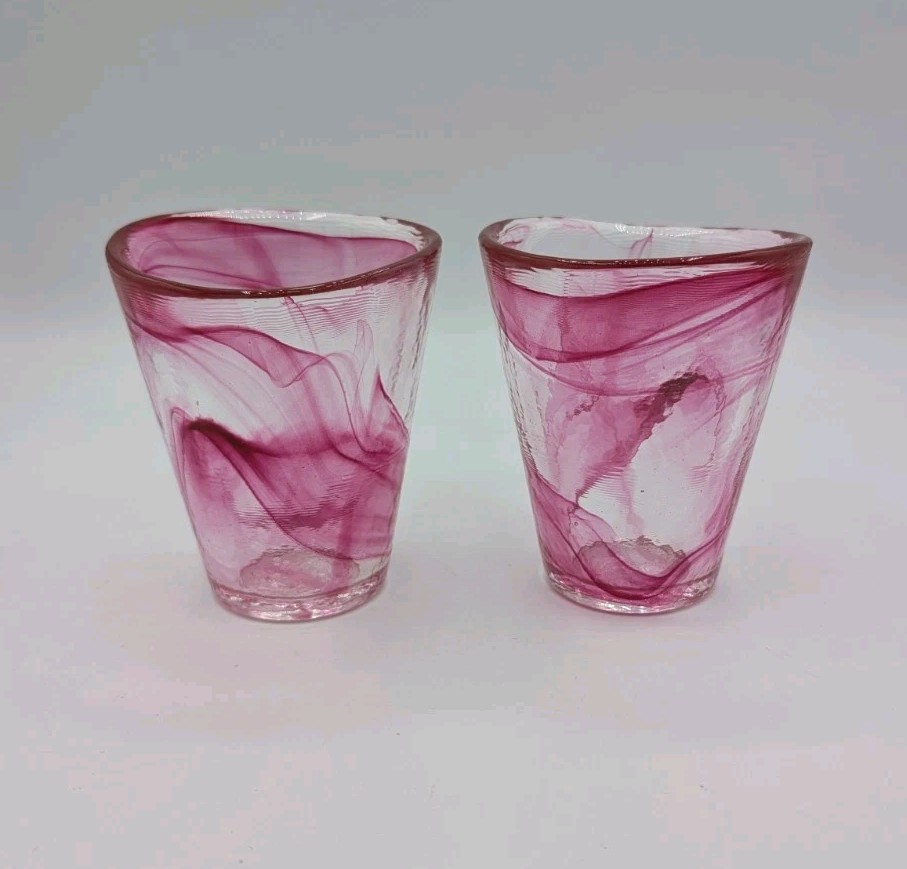 Kosta Boda UHV Pink Swirl Glass Tumblers Ulrica Hydman Vallien Set of 2