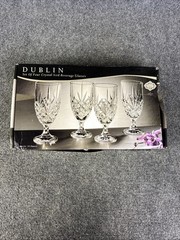 Set of 4 Godinger Dublin Clear Crystal 14oz Cut Glass Footed Water Goblets NEW