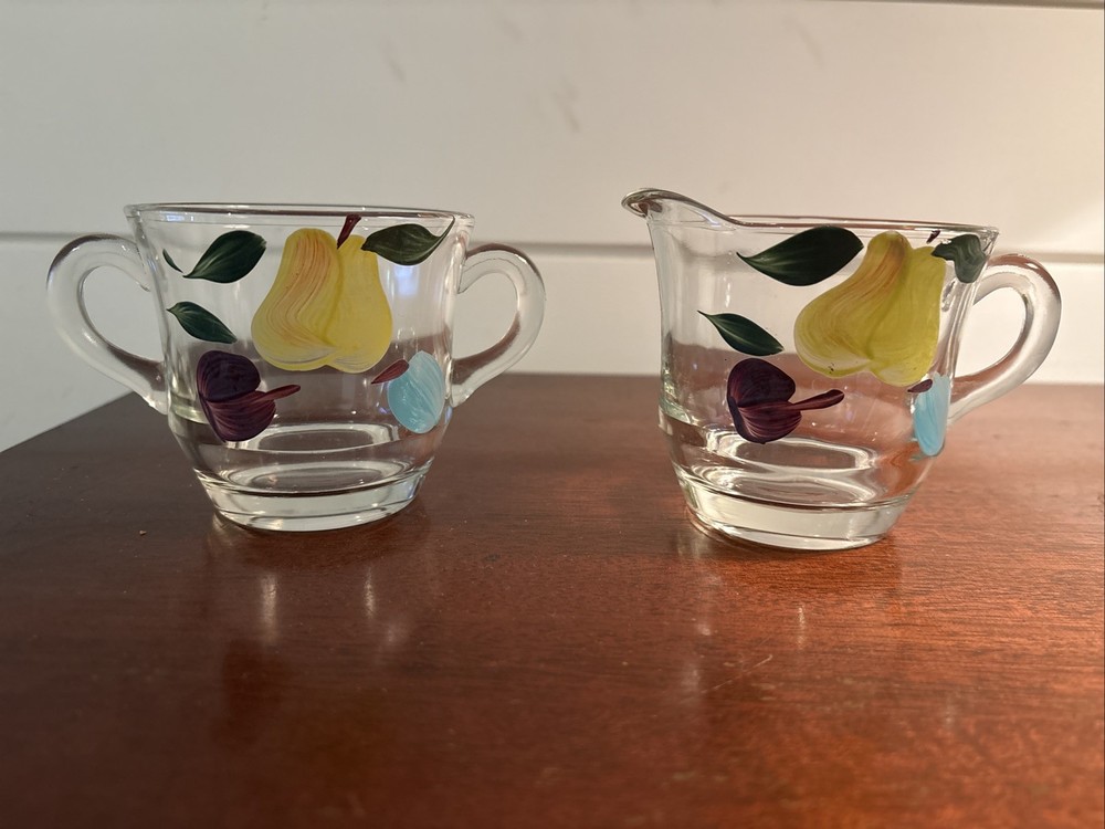 Vintage Clear Glass Bartlett Collins Green Pear Cream and Sugar Hand Painted