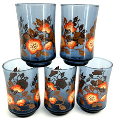 Set 5 Vintage Small Blue Juice Glasses Libbey Bolero Franco Orange Poppy MCM