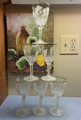 6 Federal Ribbed Stem Wine Glasses Etched, Frosted and Gold Trim 6.75″Tall
