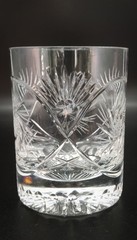 Four Crystal Lowball Glasses. Pinwheel/Star Cut- Sun /Rays with Faceted Base.