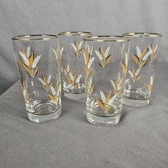 Vintage Libbey White & Gold Wheat 8 oz Glasses Set of 4 Gold Rim Tumblers MCM