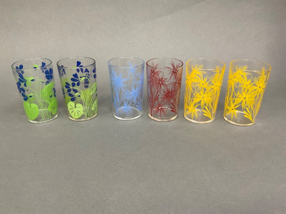 Lot 6 Vtg Kraft Swanky Swigs Juice Drink Glasses Floral Graphics 3.5″~Pre-Owned