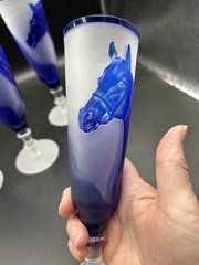 VTG Cameo Glass Horse Champagne Flutes 5 Pc Blue Frosted Hand Carved Equestrian