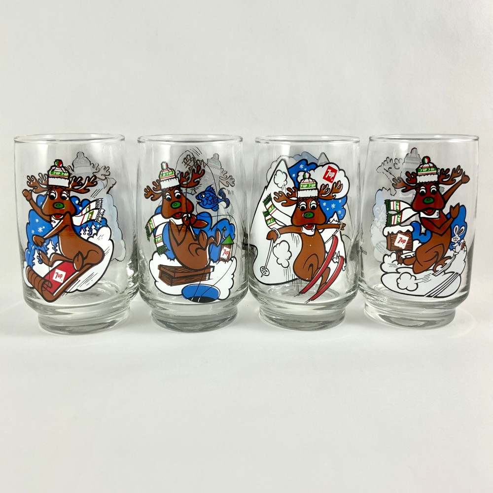 Rare Vintage 7UP Canada Reindeer Tumblers Glasses Set/4 Dominion Glass