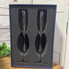 2 Retired Mikasa Platinum Orion 13 3/8″ Tall Champagne Flute Crystal Glass Pair