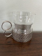 Lot of 5 Vintage Littala Tsaikka Finland Tea Coffee Cups Glass & Metal Sarpaneva