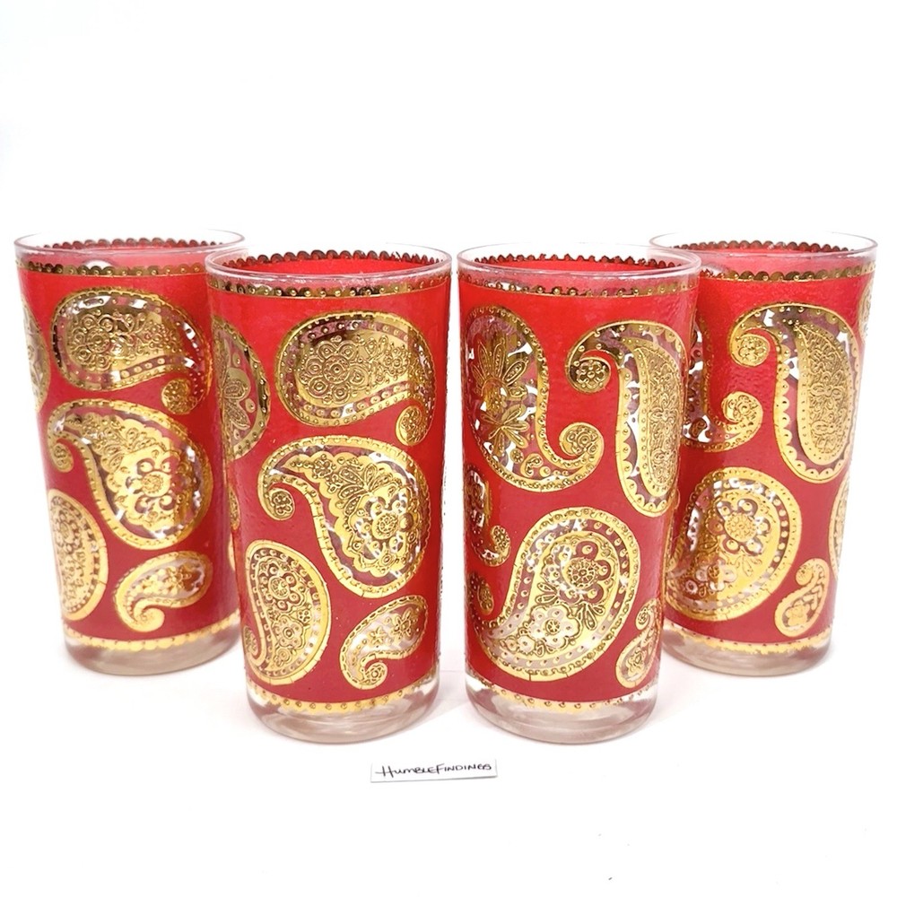 4x Culver Paisley 22K Gold & Red Highball Drinking Glasses Vintage MCM 5.5″ Set
