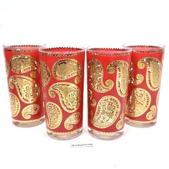 4x Culver Paisley 22K Gold & Red Highball Drinking Glasses Vintage MCM 5.5″ Set