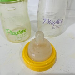 2 Vintage Playtex Nurser Drop In Baby Bottle Clear Purple Rim 4 oz & 8 oz + top